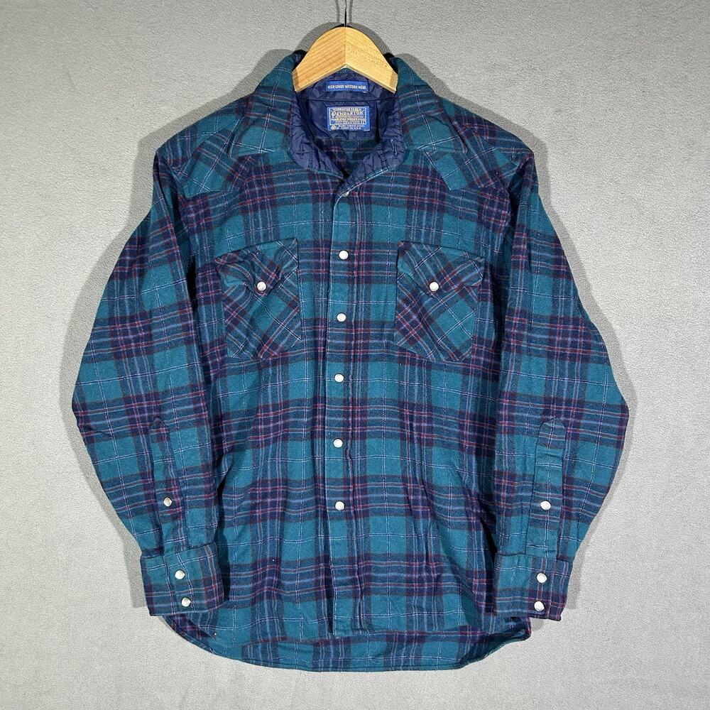 Vtg Pendleton High Grade Western Wear Shirt Mens L Blue Plaid Pearl Snap